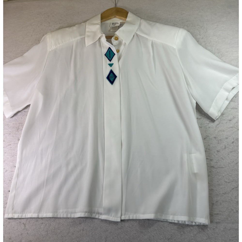 Vintage Tan Jay Women's Sz 12 White Button Up Blouse Embroidered Neck Line Y2K